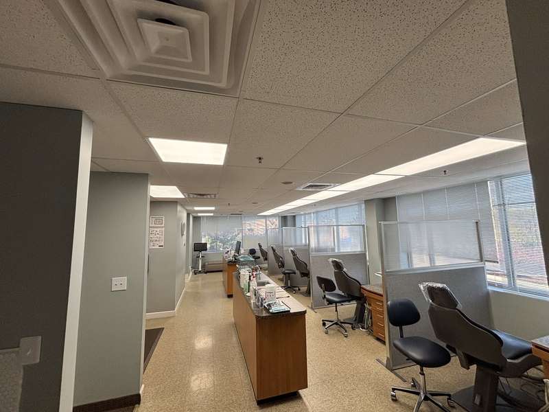 Open-plan office with new LED flat-panel ceiling lights